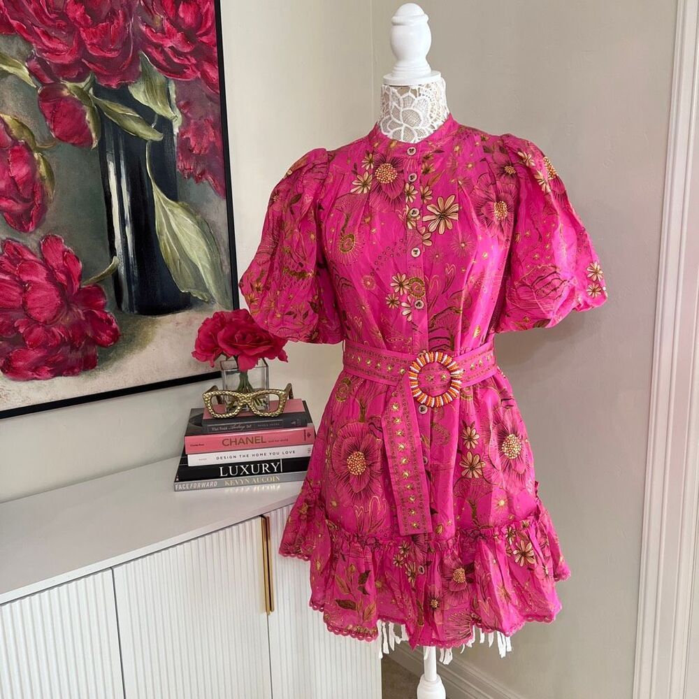 Farm Rio x Anthropologie Women's Floral Short Sleeve Mini Dress Pink Small NWT